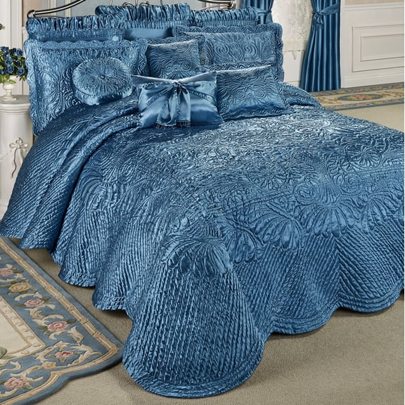 Portia Polyester Satin Handcrafted Bedding, 3-Pc Sapphire Blue Queen Quilted Bedspread Set
