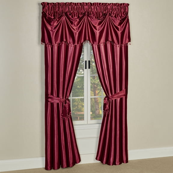 Portia Polyester Satin Window Treatment, Ruby Red Tuck Valance and 84L Wide Curtains Set