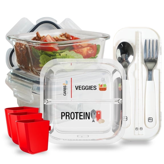 Portion Control Containers For Bariatric Meals - 8 Oz Glass Meal Prep With Two 4 Compartments And Lids (3 Pack) Reusable Bento Lunch Boxes