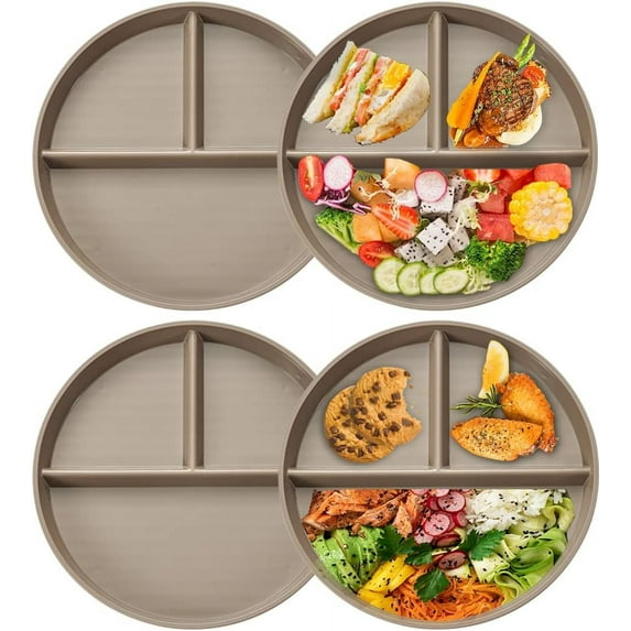 Portion Control Plate For Adults Weight Loss, Round Bariatric Portion Control Plate, Reusable Wheat Straw Divided Plate With 3 Compartments, Dishwasher & Microwave Safe (4 Pcs)