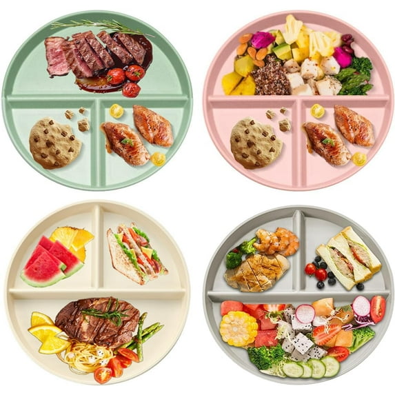 Portion Control Plates 9 Inch 4 Pack, Unbreakable Divided Plate for Kids Adults, 3 Compartment Plates Reusable Plastic Portion Control Plates Dishwasher & Microwave Safe…