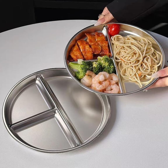 Portion Control Plates Stainless Steel For Adults Weight Loss/Diabetic Diet/Divided Plate Unbreakable Round Metal Dish Plates/Kitchen Camping Picnic/ 9 Inch (2)