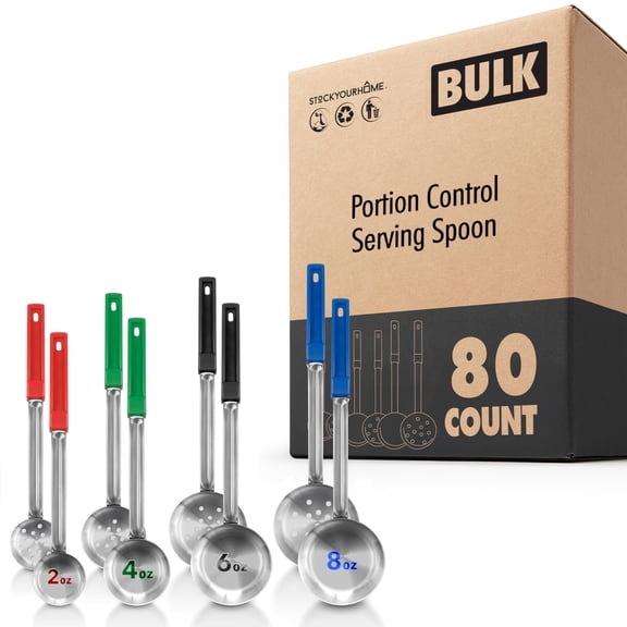Portion Control Serving Spoons (80 Pack), Stainless Steel Slotted and Solid Scoops, 2 oz, 4 oz, 6 oz and 8 oz Sizes