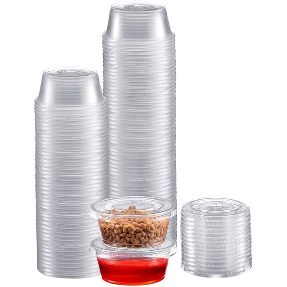 Portion Cups with Lids (2 Ounces, 100 Pack) | Disposable Plastic Cups for Meal Prep, Portion Control, Salad Dressing, Jello Shots, & Medicine | Small Plastic Condiment Container
