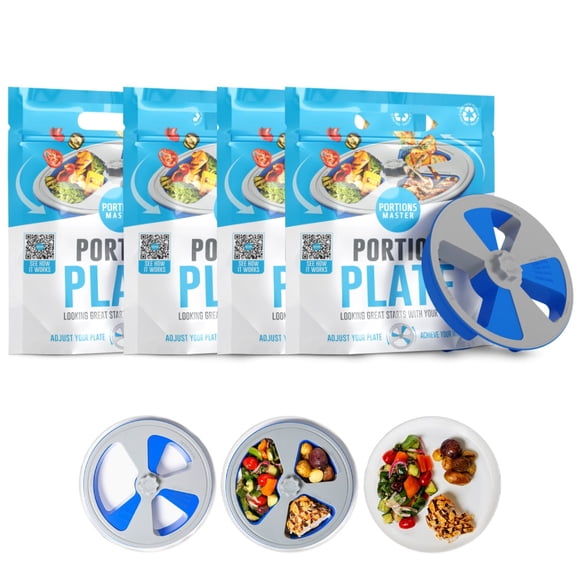 Portions Master Adjustable Portion Control Plate for Weight Loss, Diet & Food Management – Meal Prep & Portion Guide Tool for Healthy Eating – BPA-Free, Reusable (4 Pack)