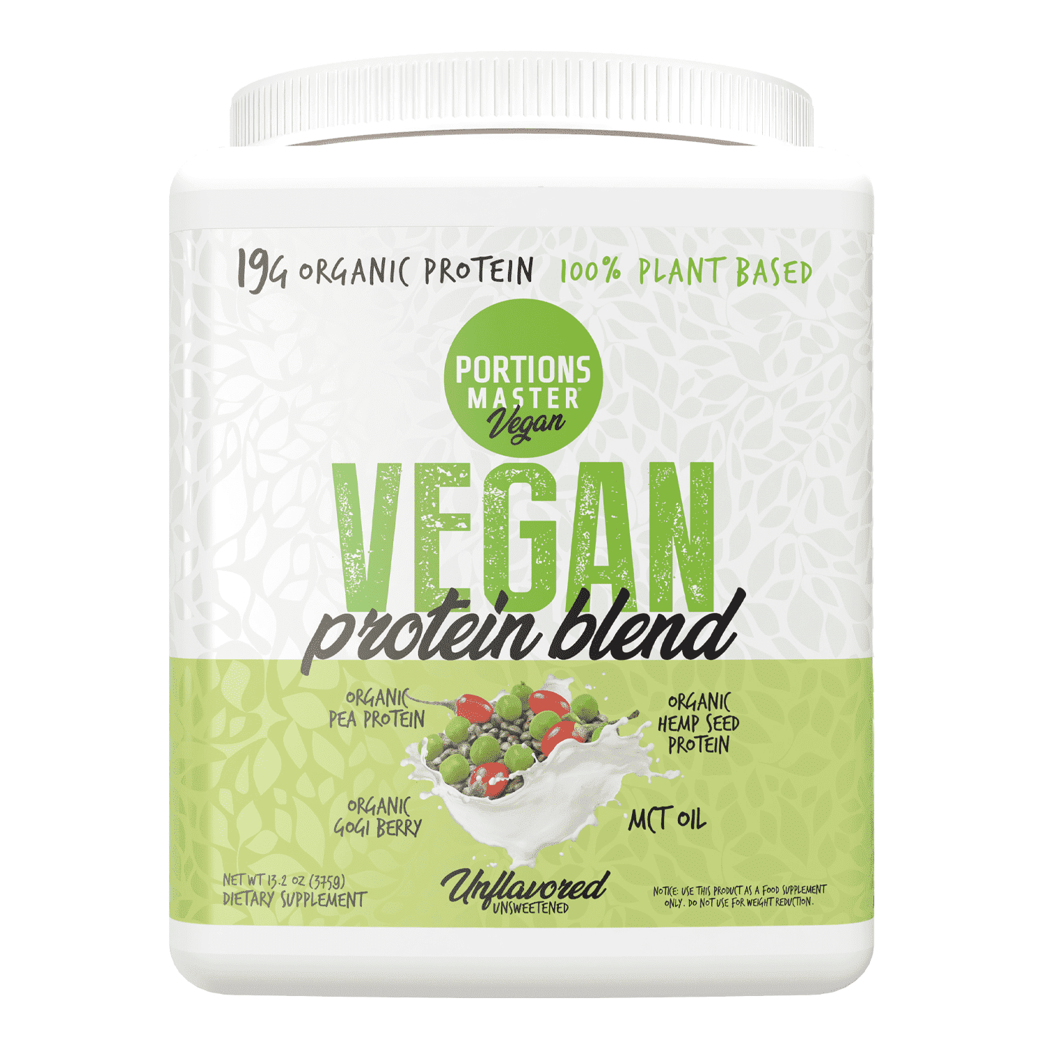 Portions Master Vegan Protein Blend Powder, Plant-Based, Gluten-Free, Dairy-Free (Unflavored 375g)