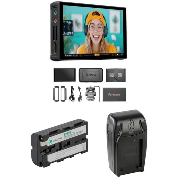 Portkeys PT5 III Camera Monitor 5.4" 800nits Bundle with Pawa NP-F550 Lithium-Ion Battery Pack (7.4V, 2000mAh), Watson Compact AC/DC Charger for L&M Series Batteries