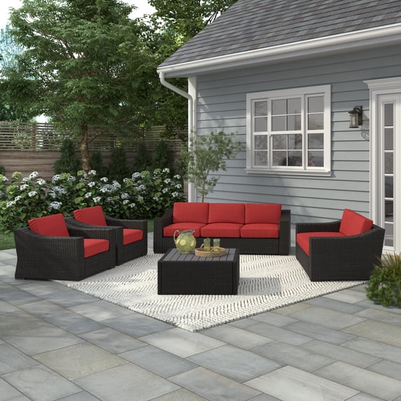 Portland 5-PC Patio PE Rattan Sofa, Loveseat and Arm Chairs in Red with Square Coffee Table