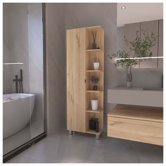 Portland 5-Shelf Linen Cabinet Light Oak Freestanding + 5 or More Shelves + Oak + Light Oak + Primary Living Space + Shelves Included + Particle Board