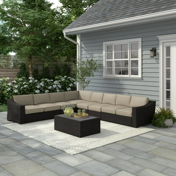 Portland 7-PC Patio PE Rattan Sectional in Tan with Rectangular Coffee Table