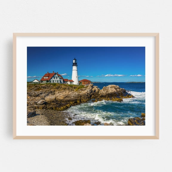 Portland Head Lighthouse 01 - Portland Maine Photography Lighthouse Coast Ocean Coastal Landscape Scenic Travel Poster Oak Framed Wall Art Print 6 x 8 inches