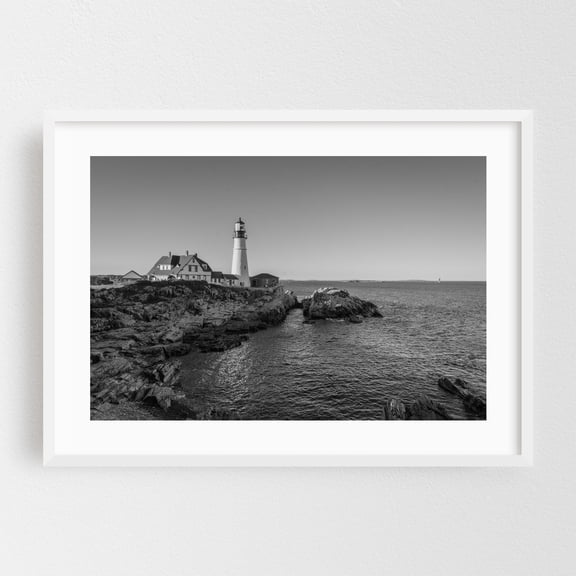 Portland Head Lighthouse 02 B&W - Portland Maine Photography Lighthouse Coast Ocean Black and White Scenic Landscape Coastal White Framed Wall Art Print 5 x 7 inches