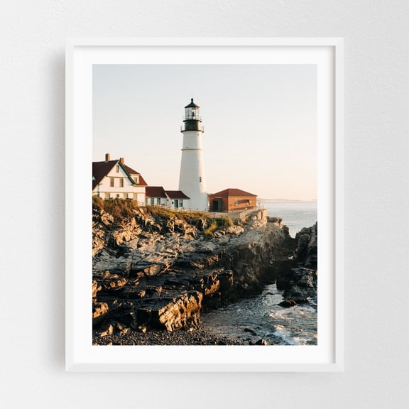 Portland Head Lighthouse 04 - Cape Elizabeth Maine Photography Lighthouse Coast Ocean Coastal Rustic Landscape Sunset White Framed Wall Art Print 6 x 8 inches