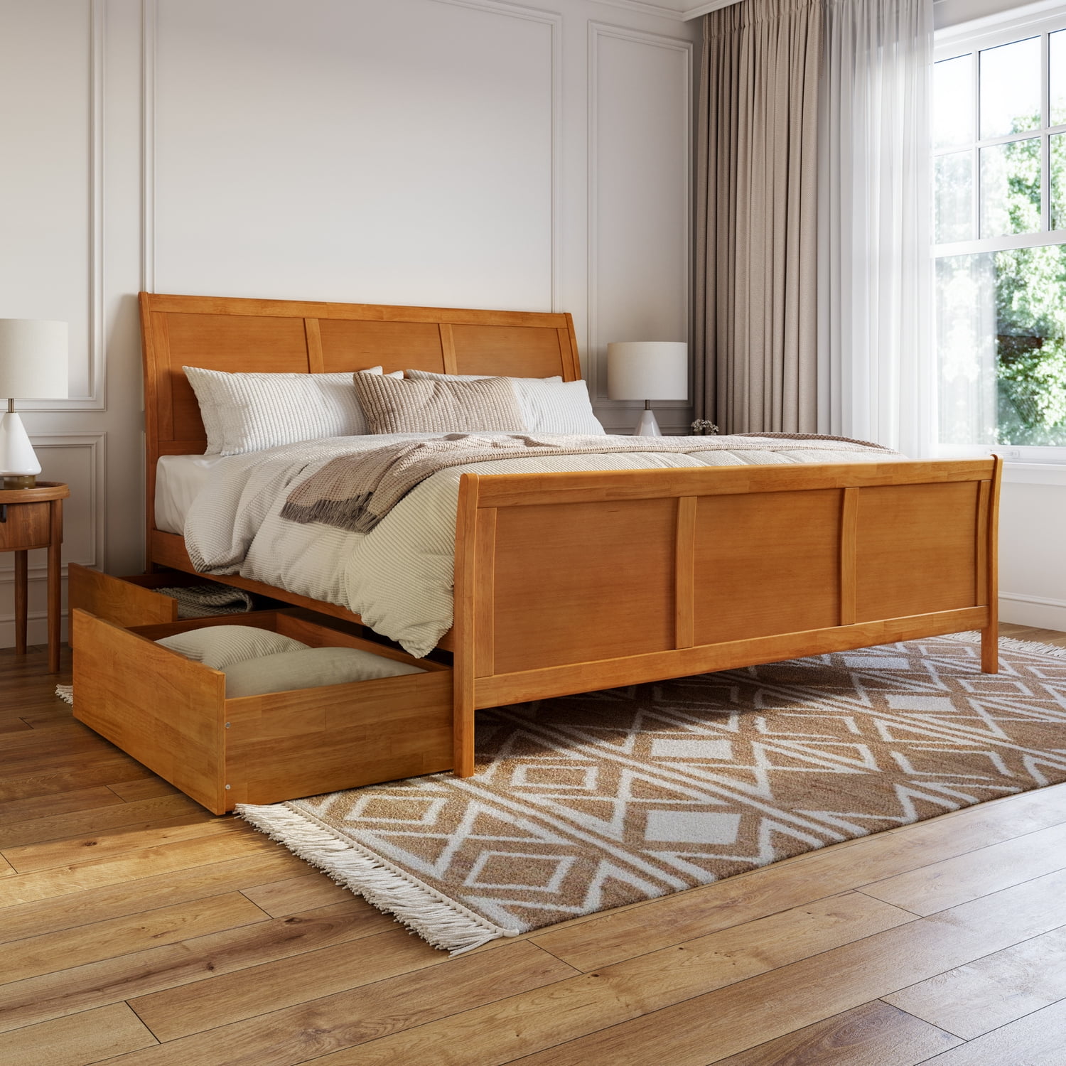 Portland King Light Toffee Wood Platform Bed with Storage Drawers