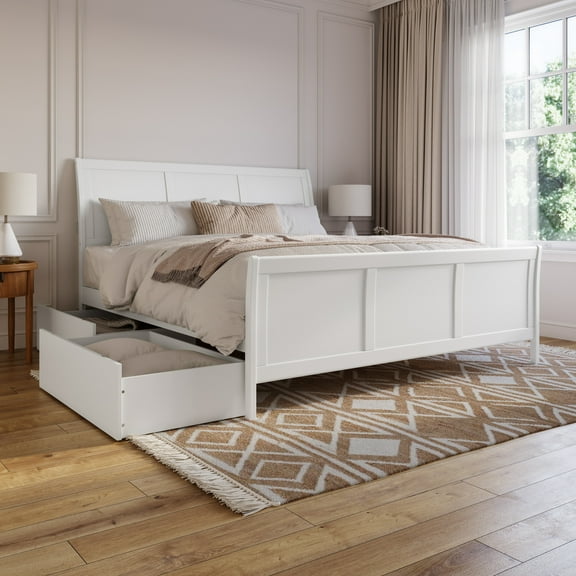 Portland King Wood Platform Bed with Footboard & Storage Drawers in White