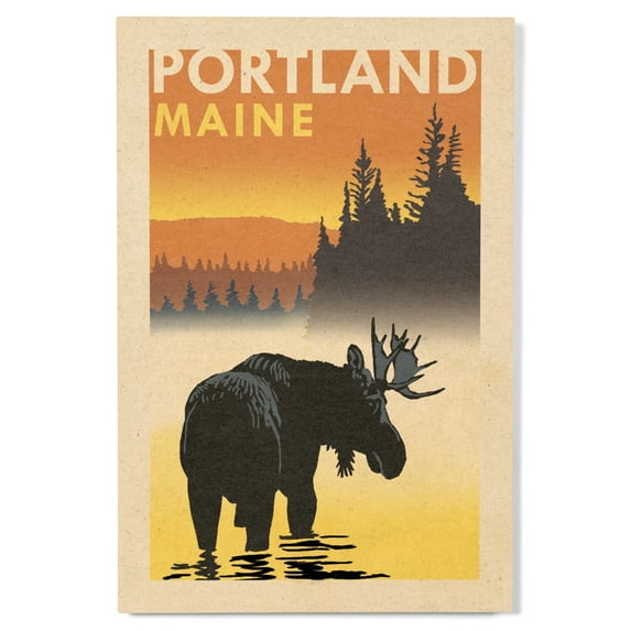 Portland, Maine, Moose at Dawn, Woodblock Birch Wood Wall Sign (12x18 Rustic Home Decor, Ready to Hang Art)