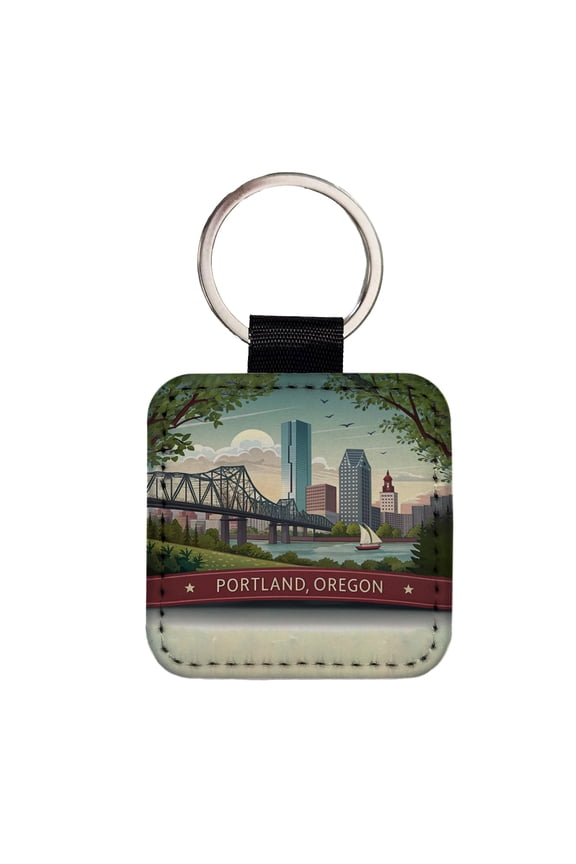 Portland, Oregon OR Travel City State Stamp Faux Leather Square Keychain