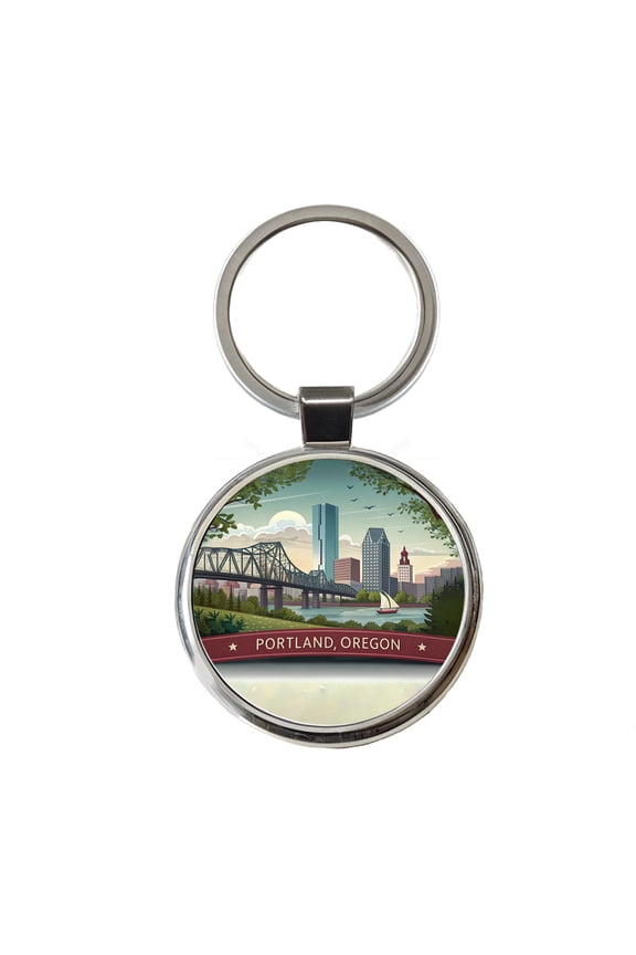Portland, Oregon OR Travel City State Stamp Metal Round Keychain