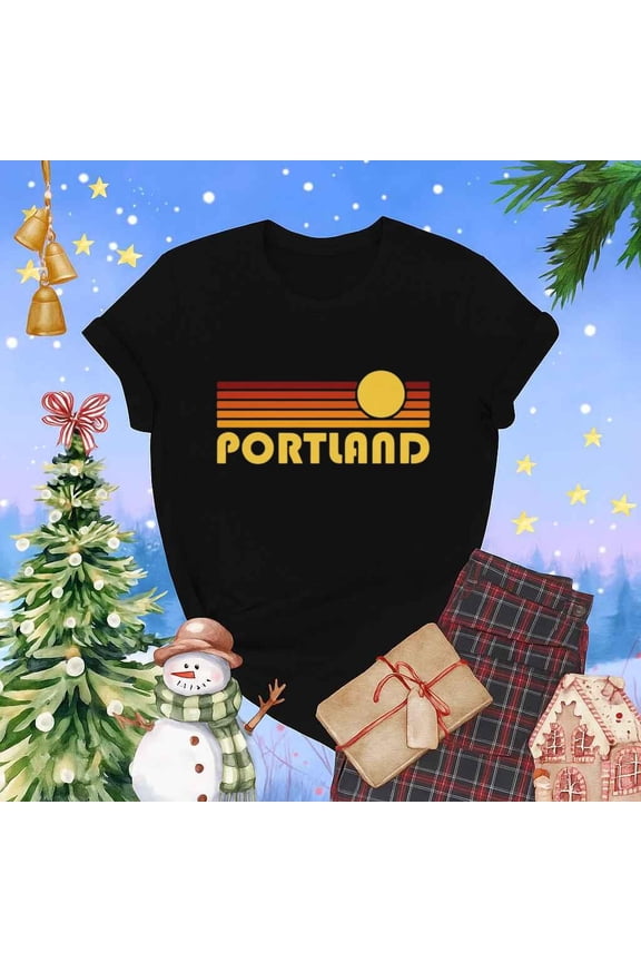 Portland Oregon Retro Sunset Skyline Travel Souvenir Gift Unisex T-Shirt up to 5XL