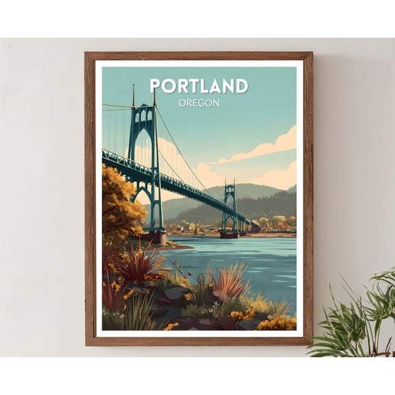 Portland Oregon Retro Travel Mid Century Modern Vintage Cityscape North America Wall Art, Unframed Poster