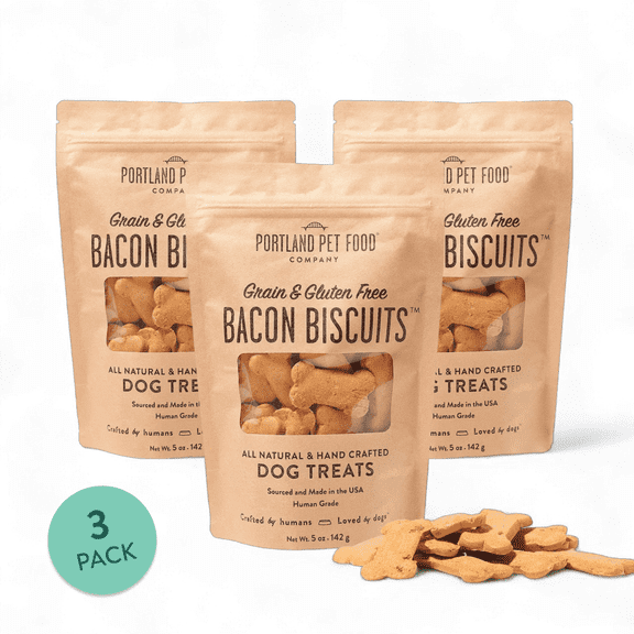 Portland Pet Food Company Bacon Dog Treats Healthy Biscuits for Large Medium & Small Dogs - Grain-Free, Human-Grade, All Natural Cookies, Snacks & Training Treats - Made in The USA - 3 Pack (5 oz)