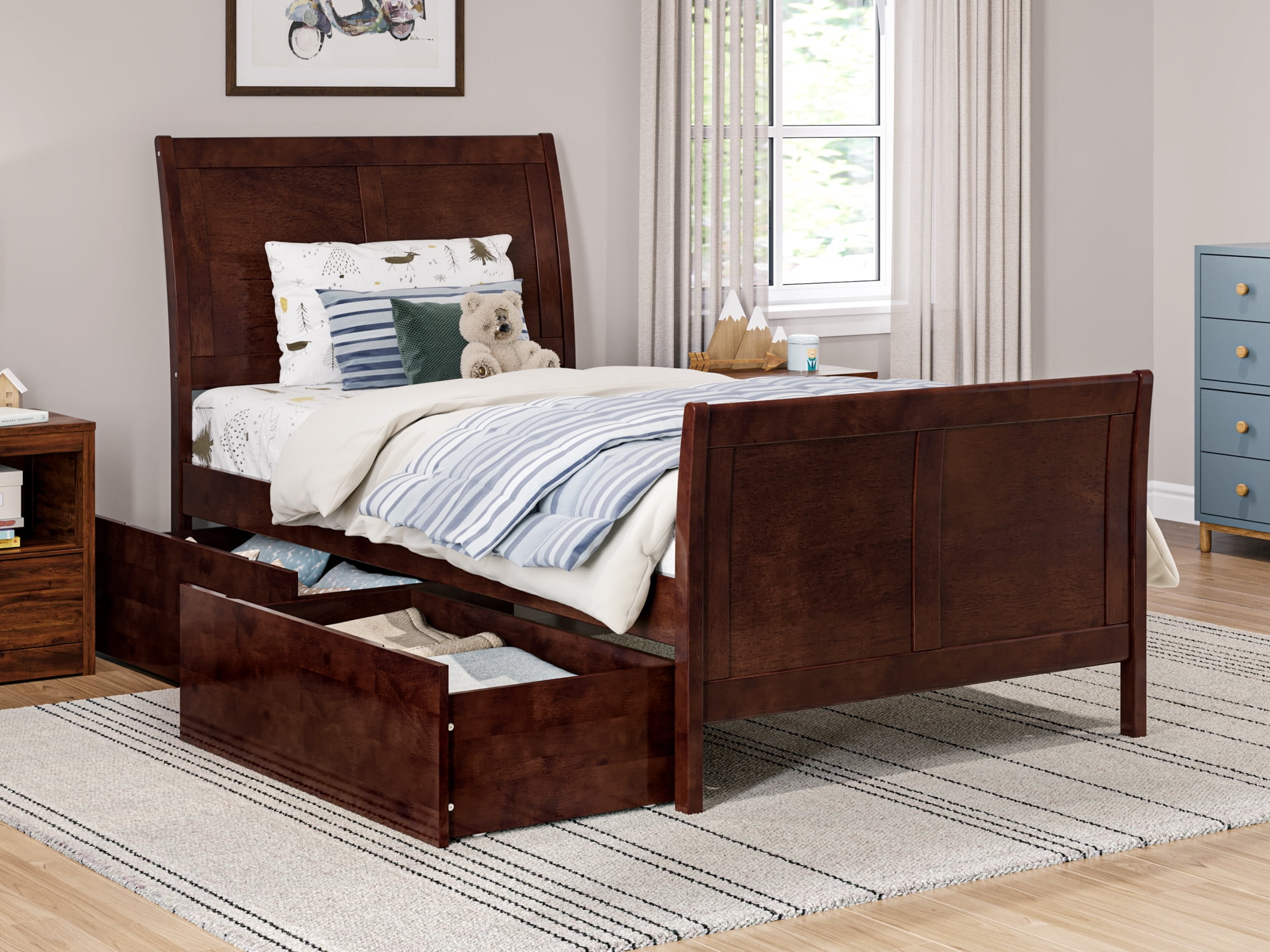 Walnut Twin Platform Bed with Sleigh Headboard and Storage Drawers