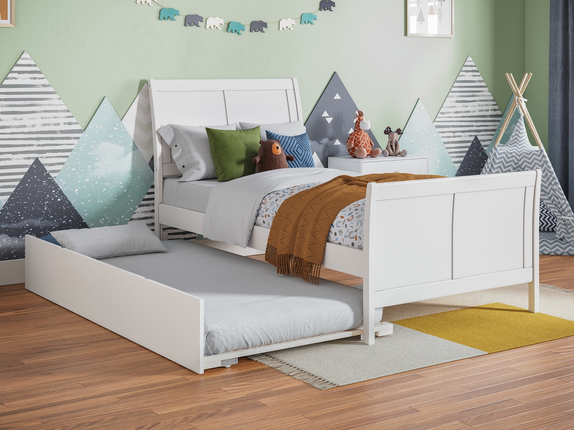 White Twin Solid Wood Platform Bed with Trundle and Headboard