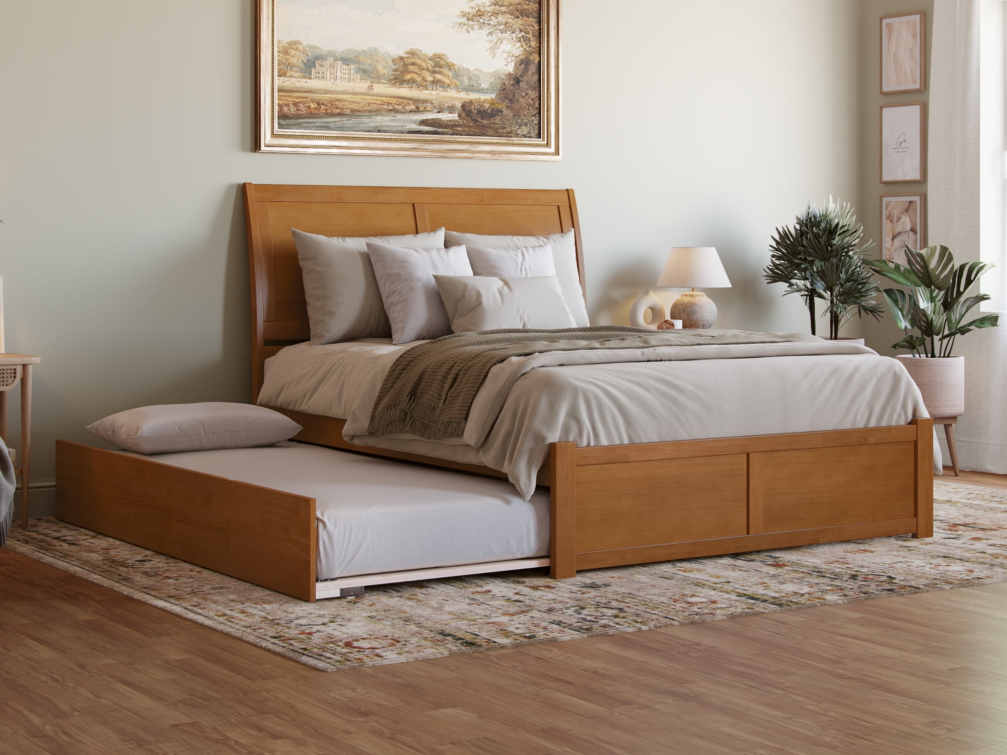 Light Toffee Queen Wood Platform Bed with Trundle and Headboard