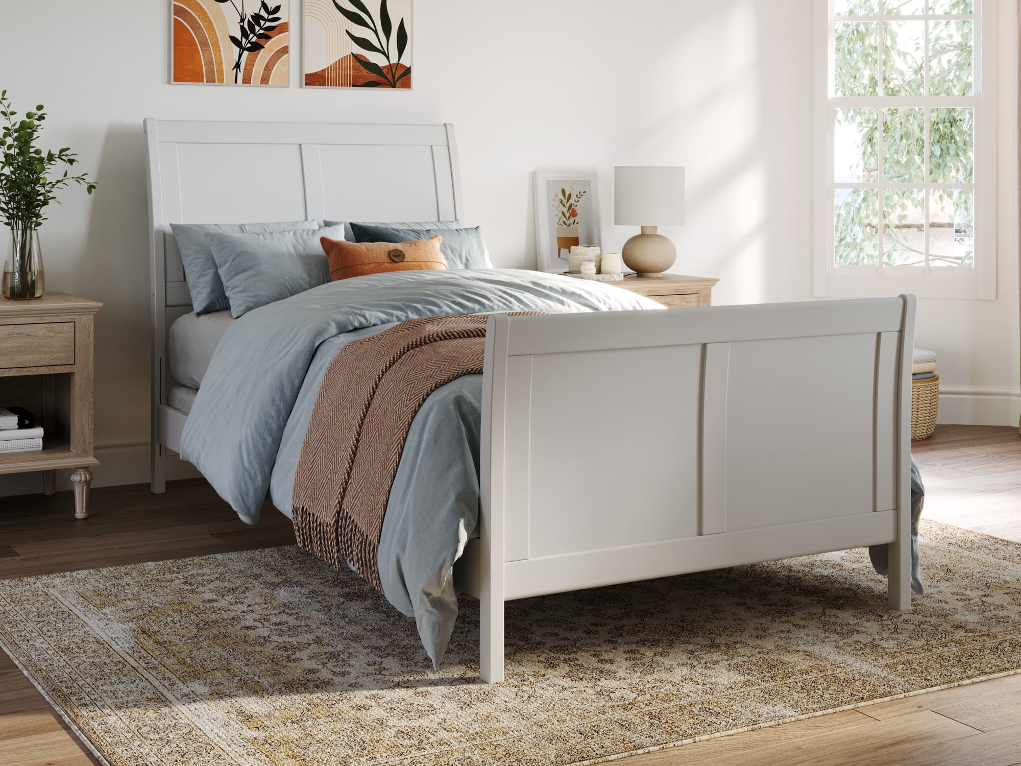 Portland White Solid Wood Sleigh Bed Frame with Footboard