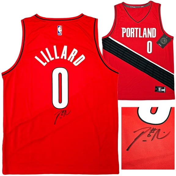 Portland Trailblazers Damian Lillard Autographed Red Fanatics Jersey Size L Beckett BAS QR 214824