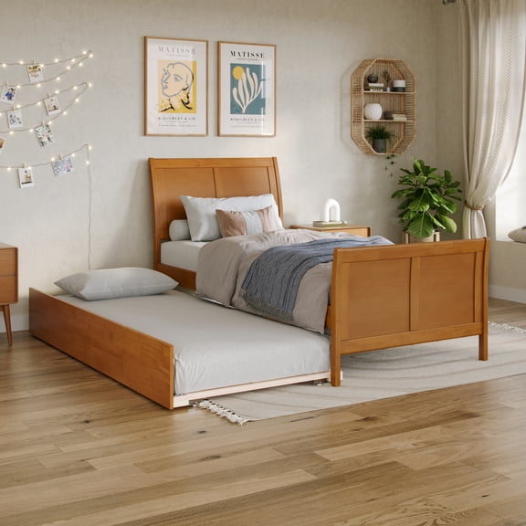 Portland Twin XL Wood Bed with Matching Footboard & Trundle in Light Toffee