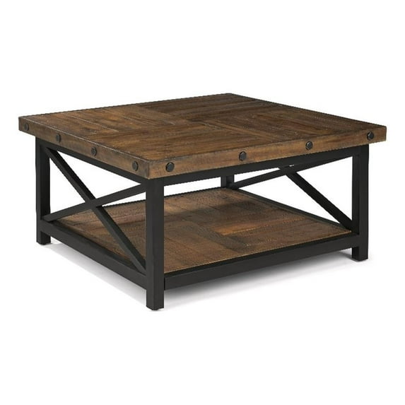 Portman Brown Square Coffee Table with Metal Frame and Exposed Bolt Heads