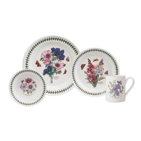 Portmeirion Botanic Garden 4 Piece Dining Set Floral Earthenware Dinnerware Blooms Includes 10.5" Dinner Plate, 8.3" Salad Plate, 6.5" Bowl & 12 Oz. Mug Dishwasher Safe Tableware Essentials