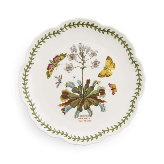 Portmeirion Botanic Garden Lotus 9" Salad Plate, Venus Fly Trap Illustration - Floral Scalloped Shaped Porcelain Dish for Appetizers or Desserts, Dishwasher & Oven Safe