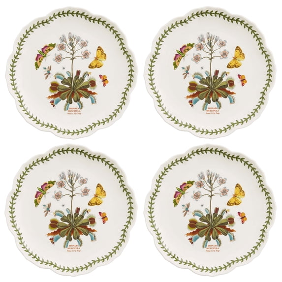Portmeirion Botanic Garden Lotus Salad Plates, Set of 4 - Scalloped Rim, Butterflies Motif , 8.8" Floral Dinnerware Porcelain Dishes for Hosting, Entertainment