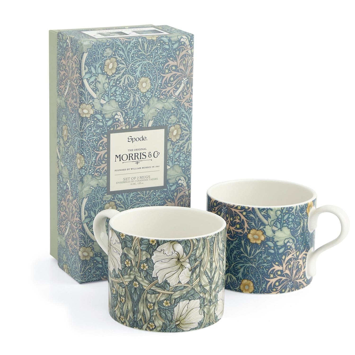 Elegant White Ceramic Mugs with Floral Designs, Set of 2