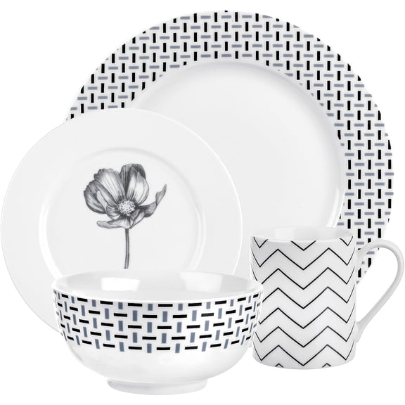 Portmeirion Home Stella 16 Piece Set - Monochrome Porcelain Dinnerware Collection with Patterned Borders, Mix & Match Designs - Ideal for Family Dining, Casual Entertaining & Modern Table Settings