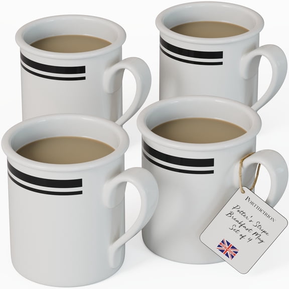 Portmeirion Potter's Stripe Breakfast Mug (Set of 4) - 9oz White Ceramic Mugs with Black Stripe Pattern - Microwave, Dishwasher, Freezer Safe Earthenware Mugs for Tea & Coffee Lovers (Black)