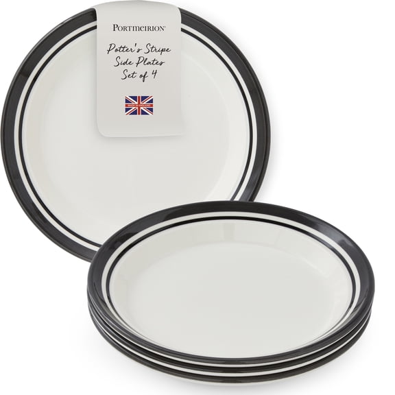 Portmeirion Potter's Striped Dinner Plate (Set of 4) - 8-Inch Stackable Earthenware Plates - Microwave & Dishwasher Safe, Handcrafted Dinnerware for Casual & Formal Table Settings (Black Stripe)