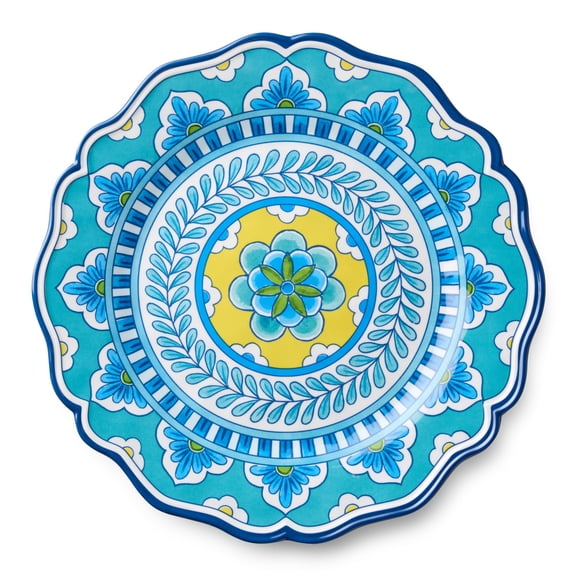 Porto 11" MELAMINE DINNER PLATES, SETof 4 artistically designed Tile Mandala Art, Turquoise Blue Yellow Patterns