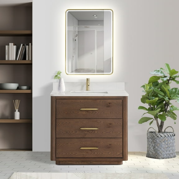Porto 36" Aged Dark Brown Oak Single Bath Vanity with Fish Maw White Quartz
