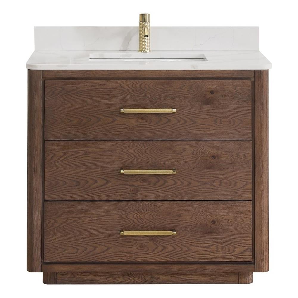Porto 36" Aged Dark Brown Oak Single Vanity with White Quartz Top