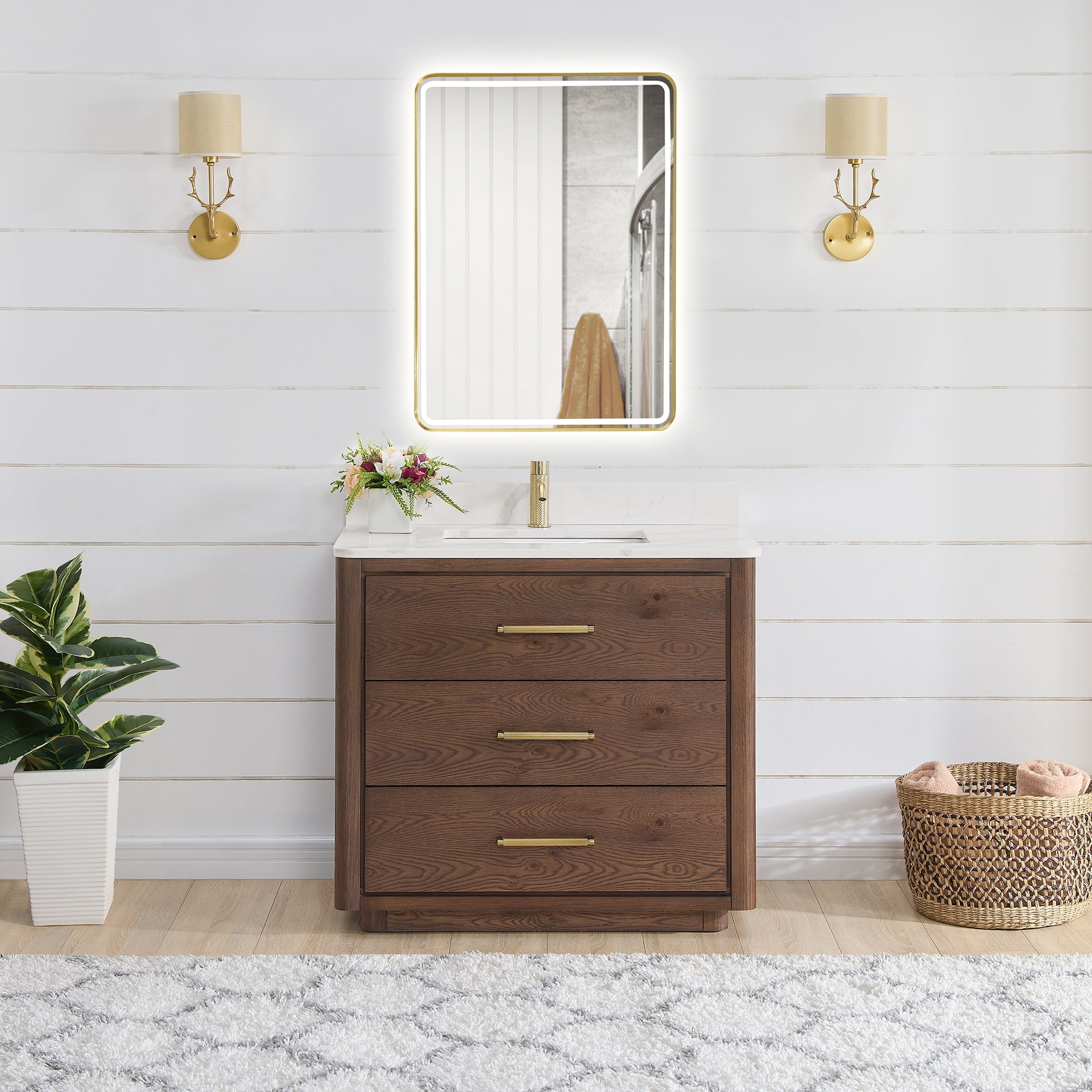 Porto 36" Aged Dark Oak Single Bath Vanity with Fish Maw White Quartz & Mirror