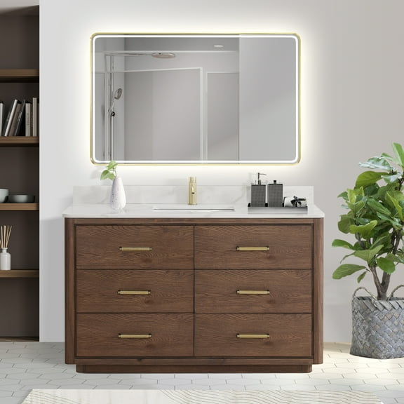 Porto 55" Aged Dark Brown Oak Single Bath Vanity with Fish Maw White Quartz