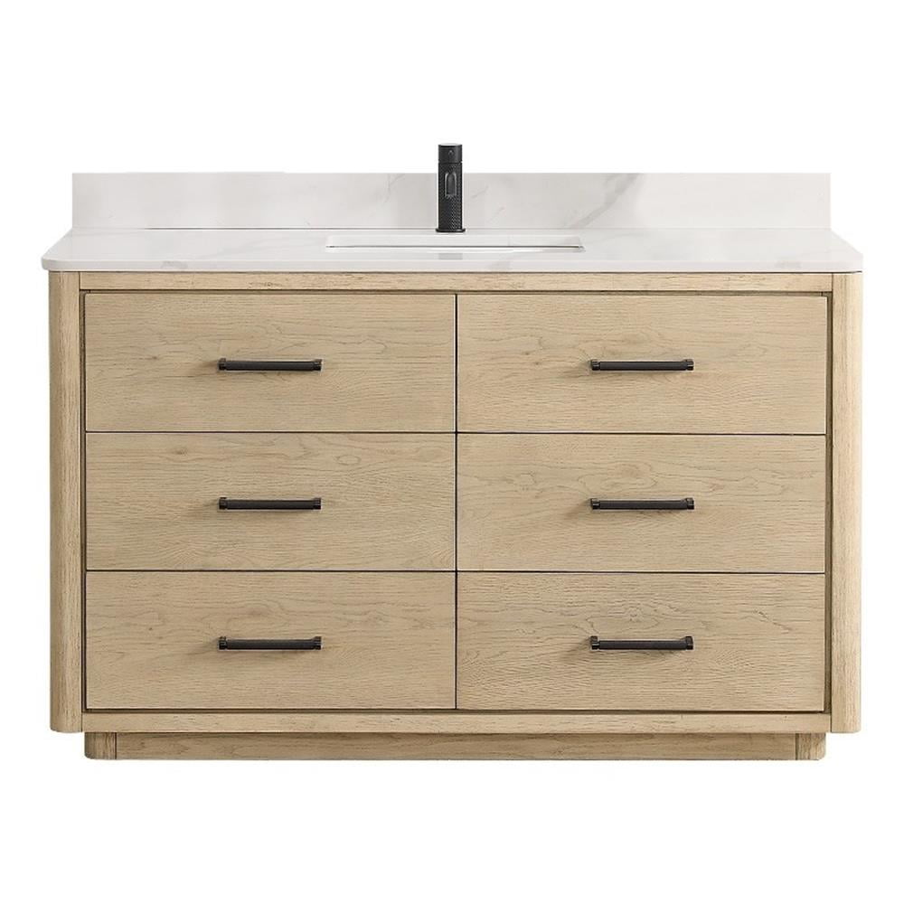 Porto 55" Light Brown Oak Single Vanity with White Quartz Top