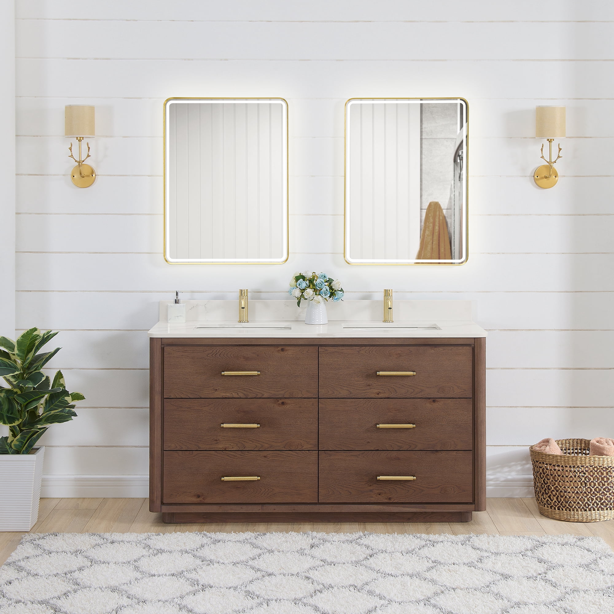 Porto 60M" Aged Dark Brown Oak Double Bath Vanity with Fish Maw White ...