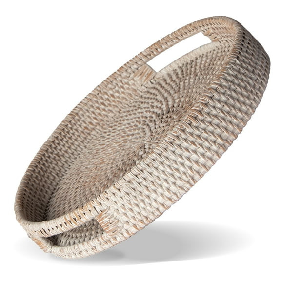 Porto Boutique Round Rattan Tray - Off-White, Modern, Large