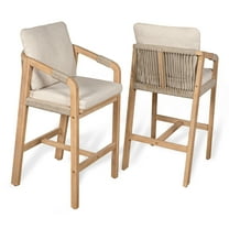 Porto Modern Coastal Tub Roped Acacia Wood Outdoor Bar Stool with Cushions and Armrests, Beige/Light Teak (Set of 2)