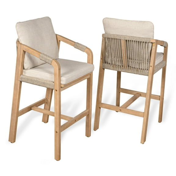 Porto Modern Coastal Tub Roped Acacia Wood Outdoor Bar Stool with Cushions and Armrests, Beige/Light Teak (Set of 2)