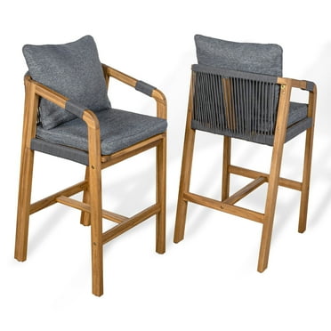 Porto Modern Coastal Tub Roped Acacia Wood Outdoor Bar Stool with Cushions and Armrests, Gray/Teak Brown (Set of 2)